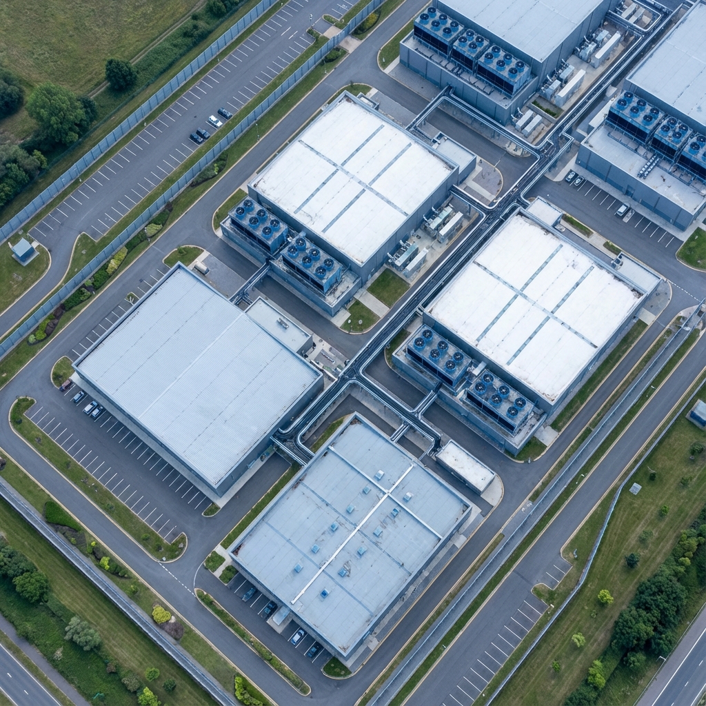 Aerial view of a modern data center facility